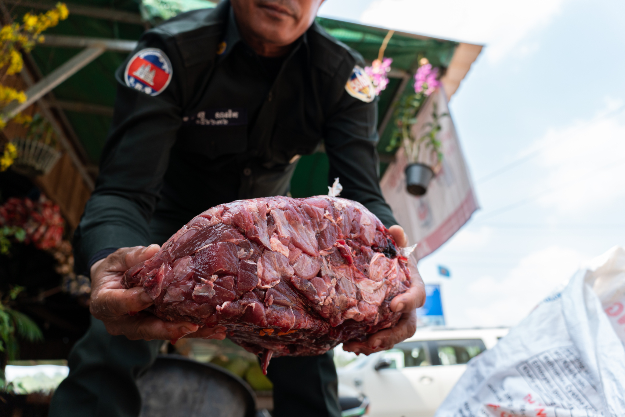 Wildlife Rapid Rescue Team with illegal wildlife meat at a restaurant